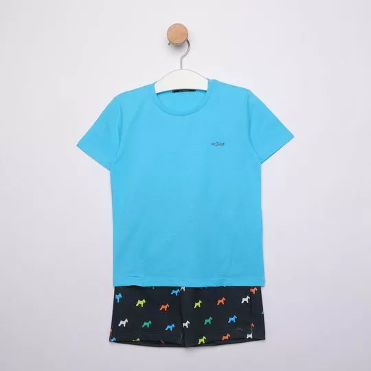 Conjunto De Camiseta & Bermuda Cachorro- Azul & Preto- Oliver