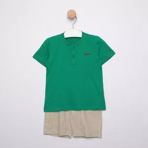 Conjunto De Camiseta Com Bordado & Bermuda Lisa<BR>- Verde & Bege Claro<BR>- Oliver
