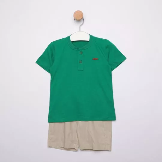 Conjunto De Camiseta Com Bordado & Bermuda Lisa- Verde & Bege Claro- Oliver