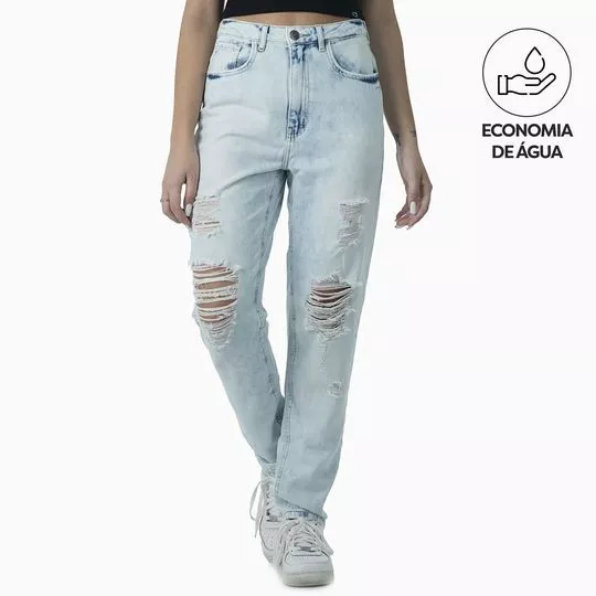 Calça Jeans Reta Com Destroyed- Azul Claro