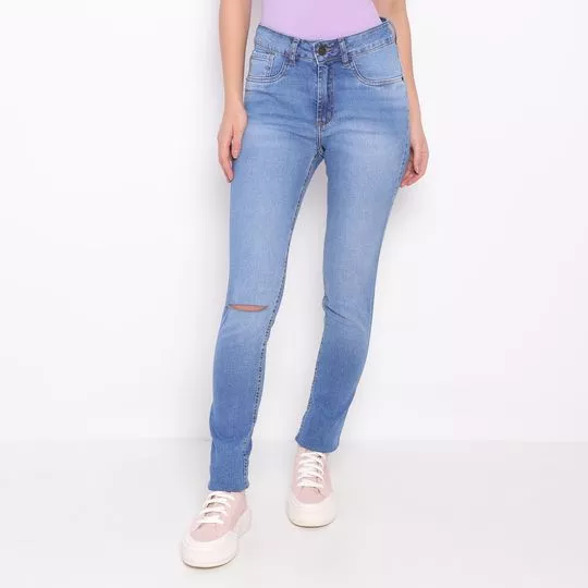 Calça Jeans Skinny Com Recortes- Azul