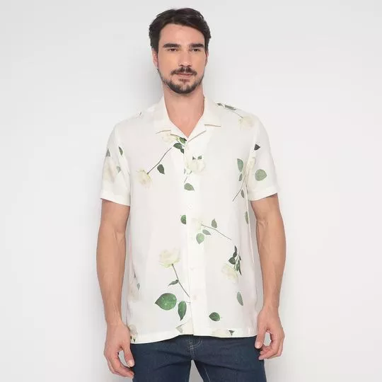 Camisa Regular Fit Com Linho- Off White & Verde Escuro