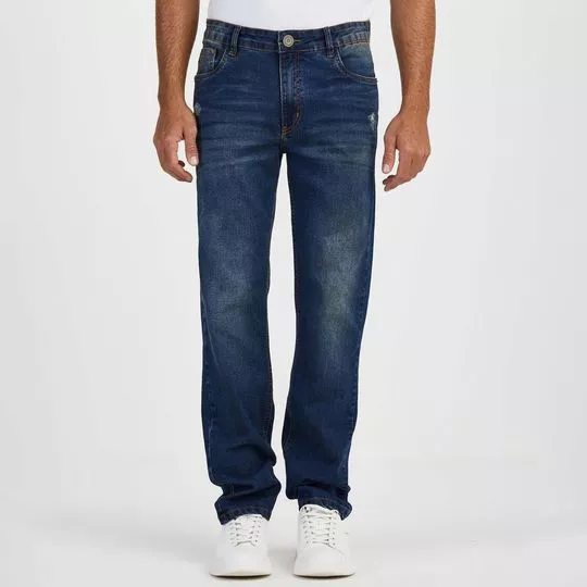 Calça Jeans Reta Com Recortes- Azul Escuro