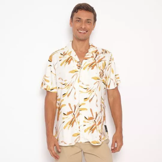 Camisa Comfort Fit Abstrata- Off White & Amarelo Escuro
