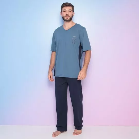 Pijama Com Inscrições- Azul Escuro & Azul Marinho