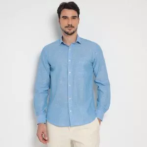 Camisa Classic Fit Em Linho<BR>- Azul<BR>- Highstill