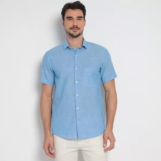 Camisa Classic Fit Em Linho- Azul- Highstill