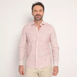 Camisa Slim Fit Com Linho<BR>- Rosa Claro & Branca<BR>- Highstill
