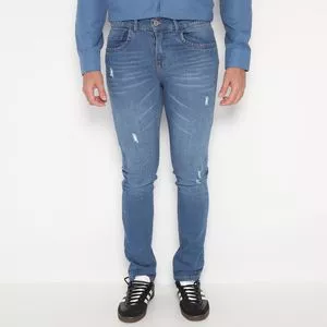 Calça Jeans Reta Com Puídos<BR>- Azul