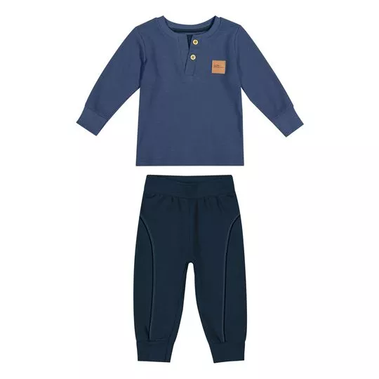 Conjunto De Camiseta & Calça Jogger Com Recortes- Azul Escuro & Azul Marinho