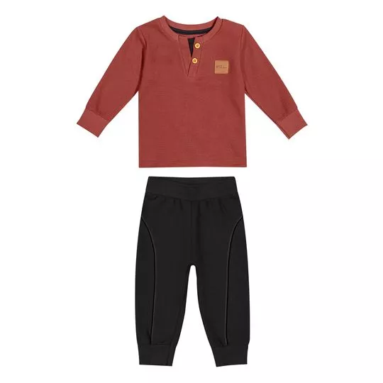 Conjunto De Camiseta & Calça Jogger Com Recortes- Vermelho & Preto