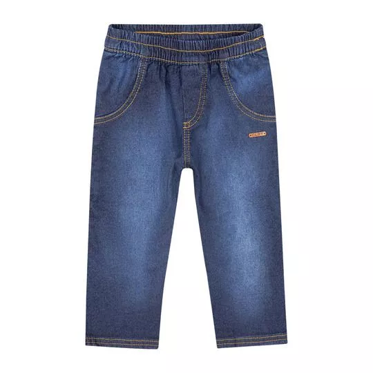 Calça Jeans Reta Com Recortes- Azul