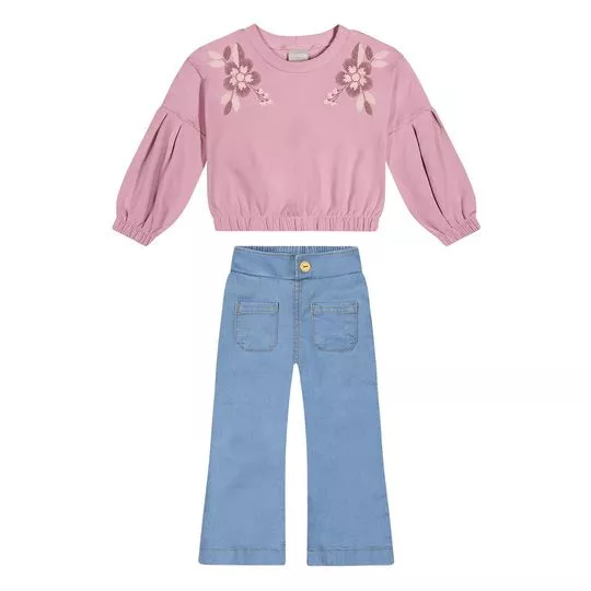 Conjunto De Blusão Floral & Calça Jeans Reta- Rosa & Azul