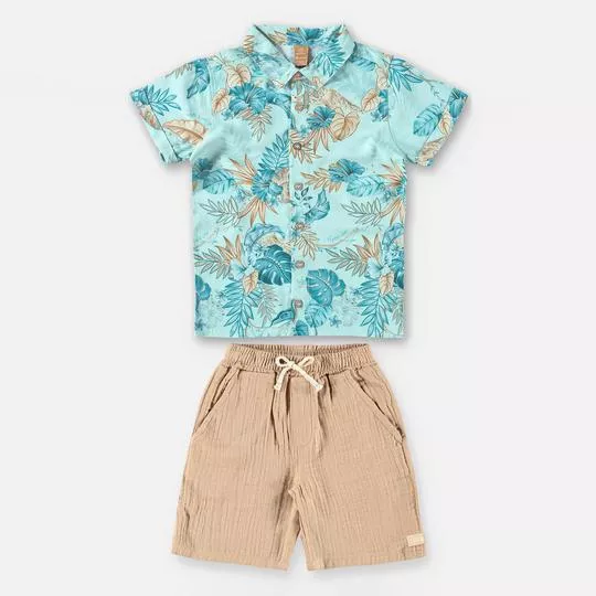 Conjunto De Camisa Floral & Bermuda Texturizada- Azul Claro & Bege- Up Baby & Up Kids