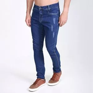 Calça Jeans Skinny Com Puídos<BR>- Azul Marinho