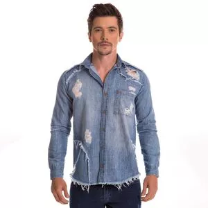 Camisa Jeans Destroyed<BR>- Azul Escuro