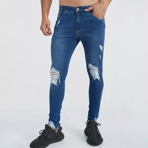 Calça Jeans Skinny Destroyed<BR>- Azul Marinho