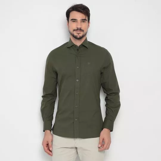 Camisa Slim Fit Com Recortes- Verde Militar- Enrico Rossi