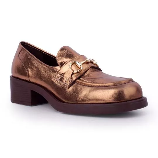 Loafer Em Couro Com Aviamento- Bronze- Salto: 4cm