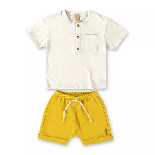 Conjunto De Camiseta Com Linho & Bermuda Em Moletom- Off White & Amarelo- Up Baby