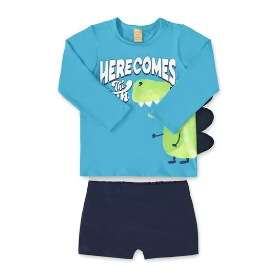 Conjunto De Camiseta Com Inscrições & Sungão Com Proteção UV- Azul & Azul Marinho- Up Baby