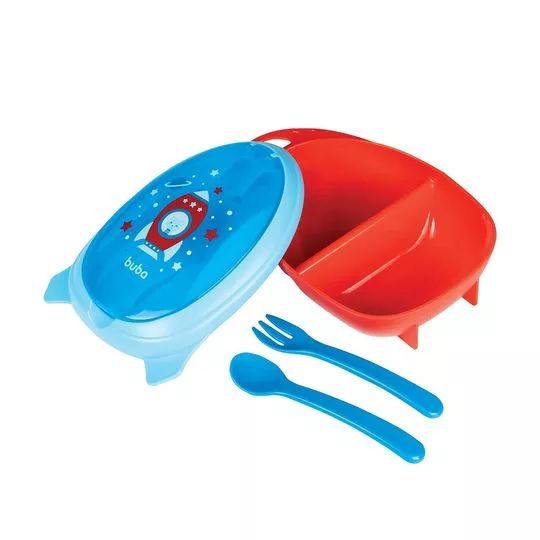 Kit Refeição Com Talher Foguete- Azul & Vermelho- 3Pçs- 400ml- Buba