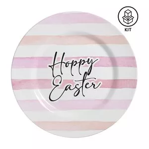 Jogo De Pratos Rasos Happy Easter<BR>- Branco & Rosa Claro<BR>- 6Pçs<BR>- Alleanza Cerâmica