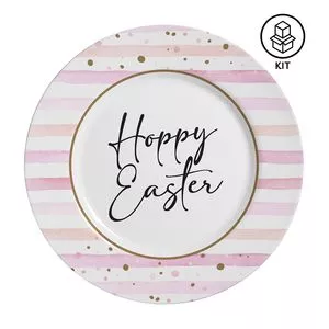 Jogo De Pratos Rasos Happy Easter<BR>- Branco & Rosa Claro<BR>- 6Pçs<BR>- 285ml<BR>- Alleanza Ceramica