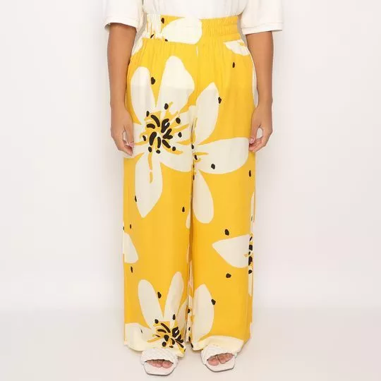 Calça Pantalona Floral- Amarela & Off White