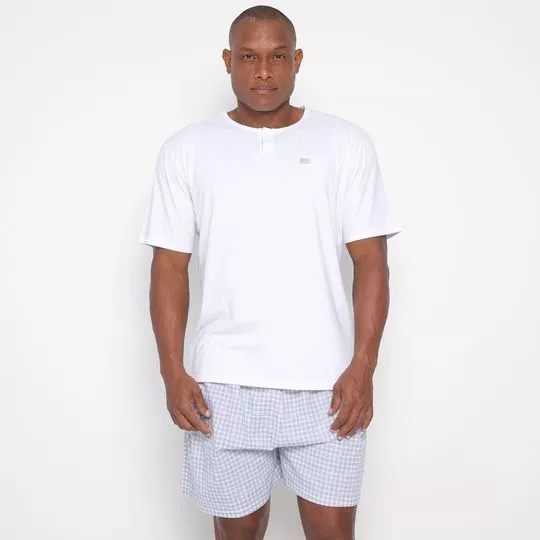 Conjunto De Camiseta Manga Curta Com Abertura & Short Em Tricoline- Branco & Azul