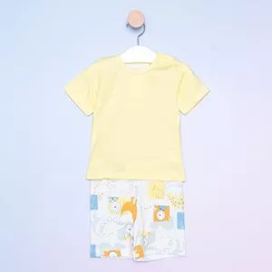 Pijama Manga Curta & Short<BR>- Amarelo & Branco