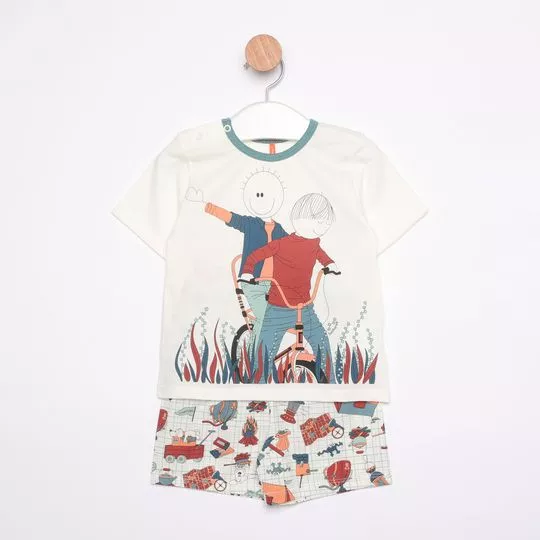 Conjunto De Camiseta Manga Curta & Short- Creme & Vermelho