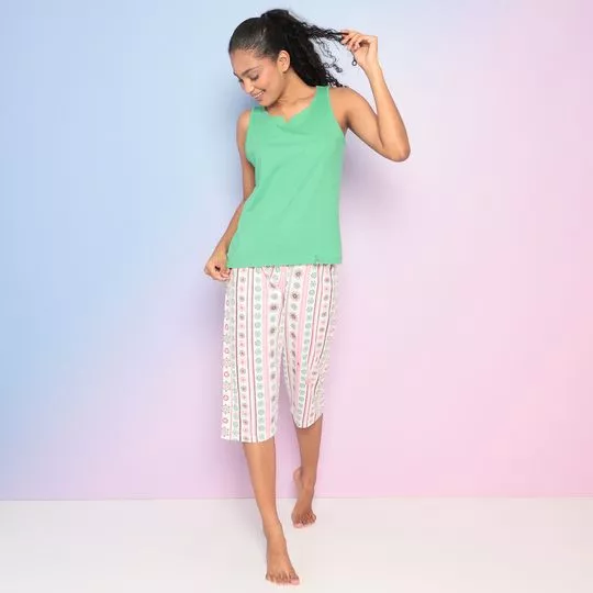 Pijama Regata Floral & Calça Corsário- Verde & Branco