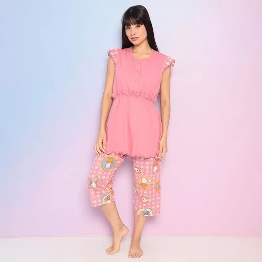 Pijama Maga Curta & Calça Corsário- Rosa & Laranja