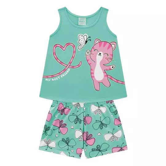 Pijama Gatinho- Verde Água & Rosa