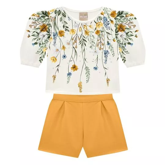 Conjunto De Blusa Floral & Short- Off White & Amarelo Escuro- Milon