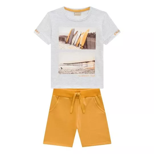 Conjunto De Camiseta Summer Trip & Bermuda- Cinza Claro & Amarelo Escuro- Milon