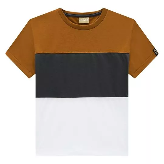 Camiseta Com Recortes- Marrom & Branca- Milon