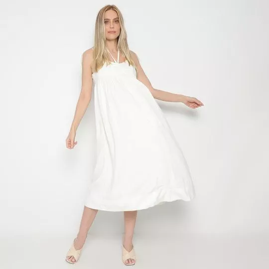 Vestido Midi Com Linho- Off White