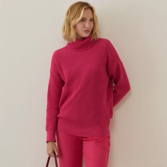 Suéter Alongado Em Tricô- Rosa Escuro