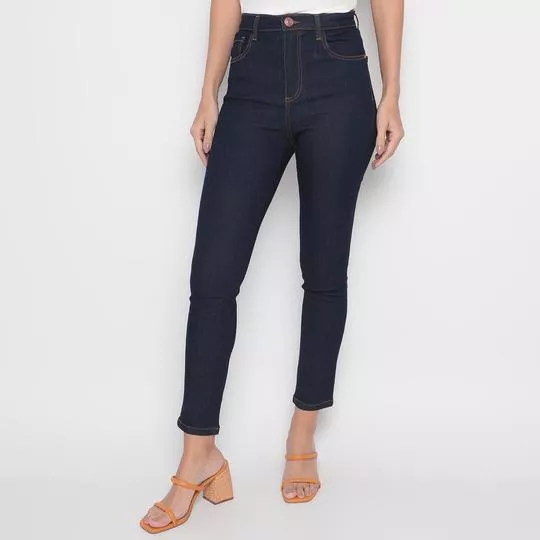 Calça Jeans Skinny Com Recortes- Azul Escuro