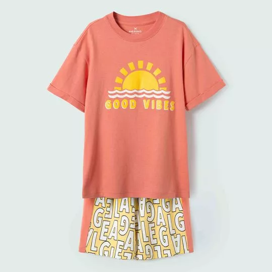 Pijama Com Inscrições- Laranja Claro & Amarelo
