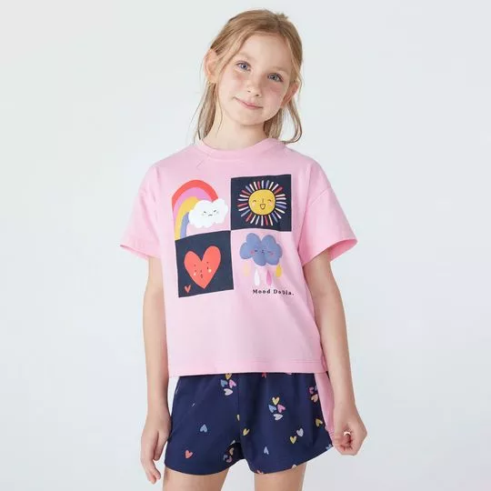 Pijama Coraçãozinho- Rosa Claro & Azul Marinho