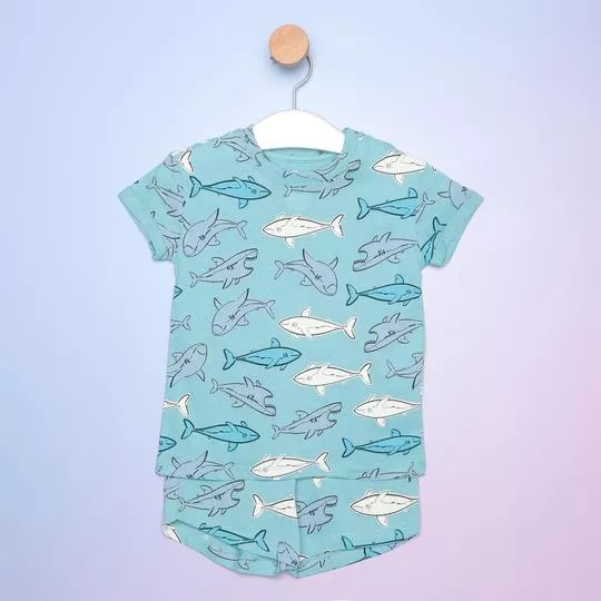 Pijama Tubarões- Azul Claro & Branco