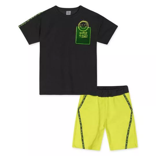 Conjunto De Camiseta & Bermuda- Preto & Verde Limão