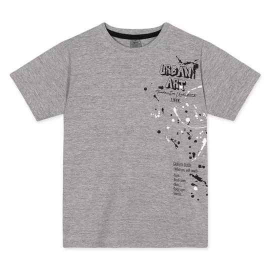 Camiseta Abstrata Com Inscrições- Cinza & Preta