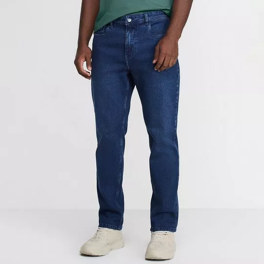 Calça Jeans Reta Com Recortes- Azul