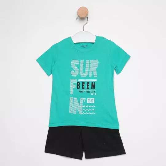 Conjunto De Camiseta Com Inscrições & Bermuda- Verde Água & Preto