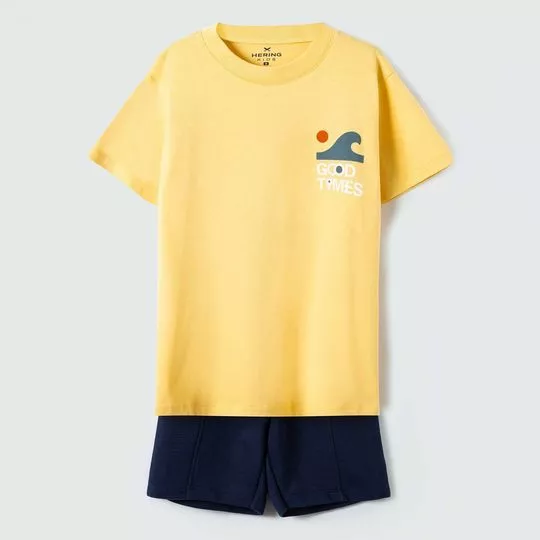 Conjunto De Camiseta & Bermuda Com Recortes- Amarelo & Azul Marinho