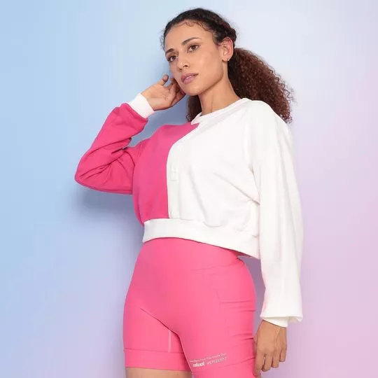 Blusão Cropped Com Recortes- Pink & Off White- Colcci Fitness